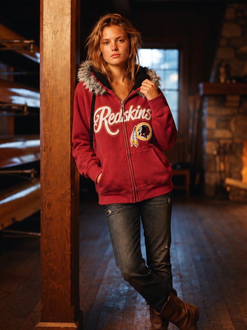 NFL Team Apparel Washington Indian Redskins Womens L Fur Hood Zip Up Sweatshirt